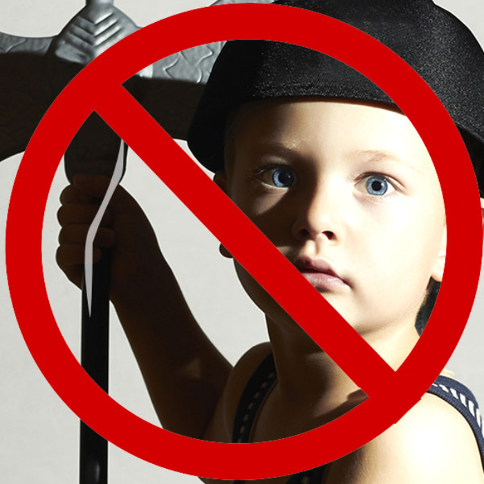 Child holding axe, no children allowed