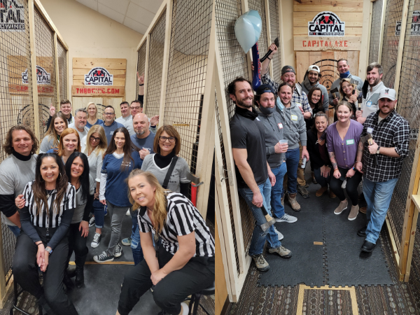 two photos of corporate groups on axe throwing ranges