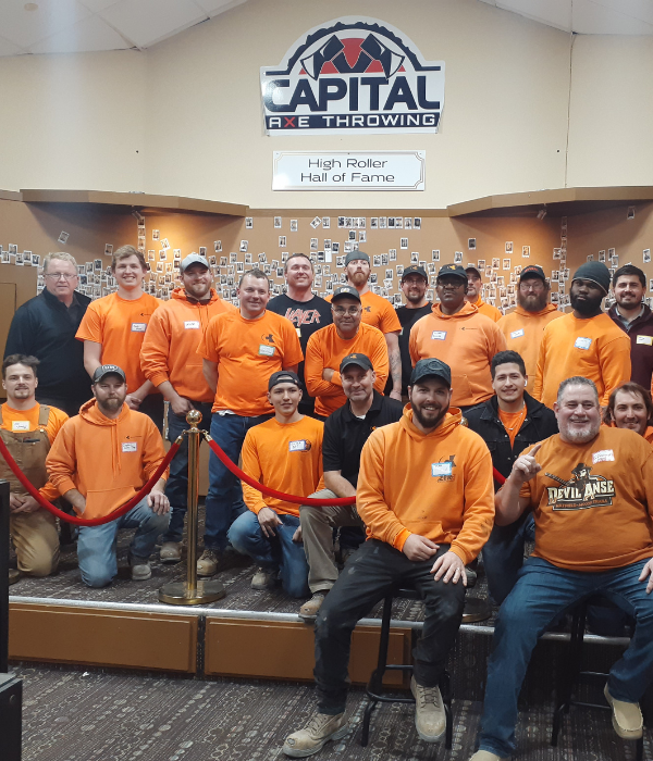 A work team building group at Capital Axe Throwing